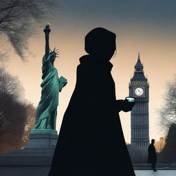 An AI-generated scene of a veiled woman wearing a scarf and a black suit, holding a flashlight in her hand at night