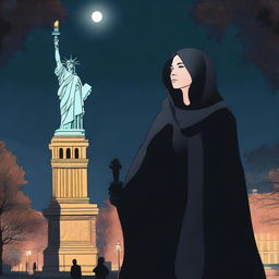 An AI-generated scene of a veiled woman wearing a scarf and a black suit, holding a flashlight in her hand at night