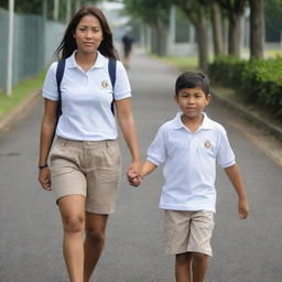 A young Filipino mother in her early thirties with shoulder length hair walking hand-in-hand with her 5-year-old Filipino-Indian son, who is donning a white polo shirt and light brown shorts, on his way to school.