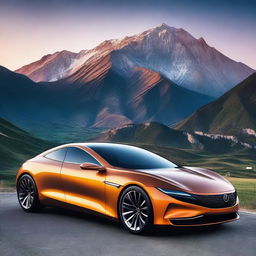 A sleek, modern car with a new background
