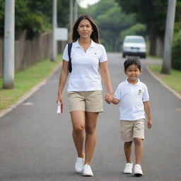 A young Filipino mother in her early thirties with shoulder length hair walking hand-in-hand with her 5-year-old Filipino-Indian son, who is donning a white polo shirt and light brown shorts, on his way to school.