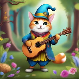 A whimsical cat dressed as a bard, playing a lute