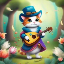 A whimsical cat dressed as a bard, playing a lute