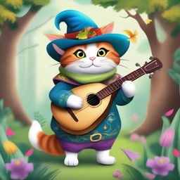 A whimsical cat dressed as a bard, playing a lute