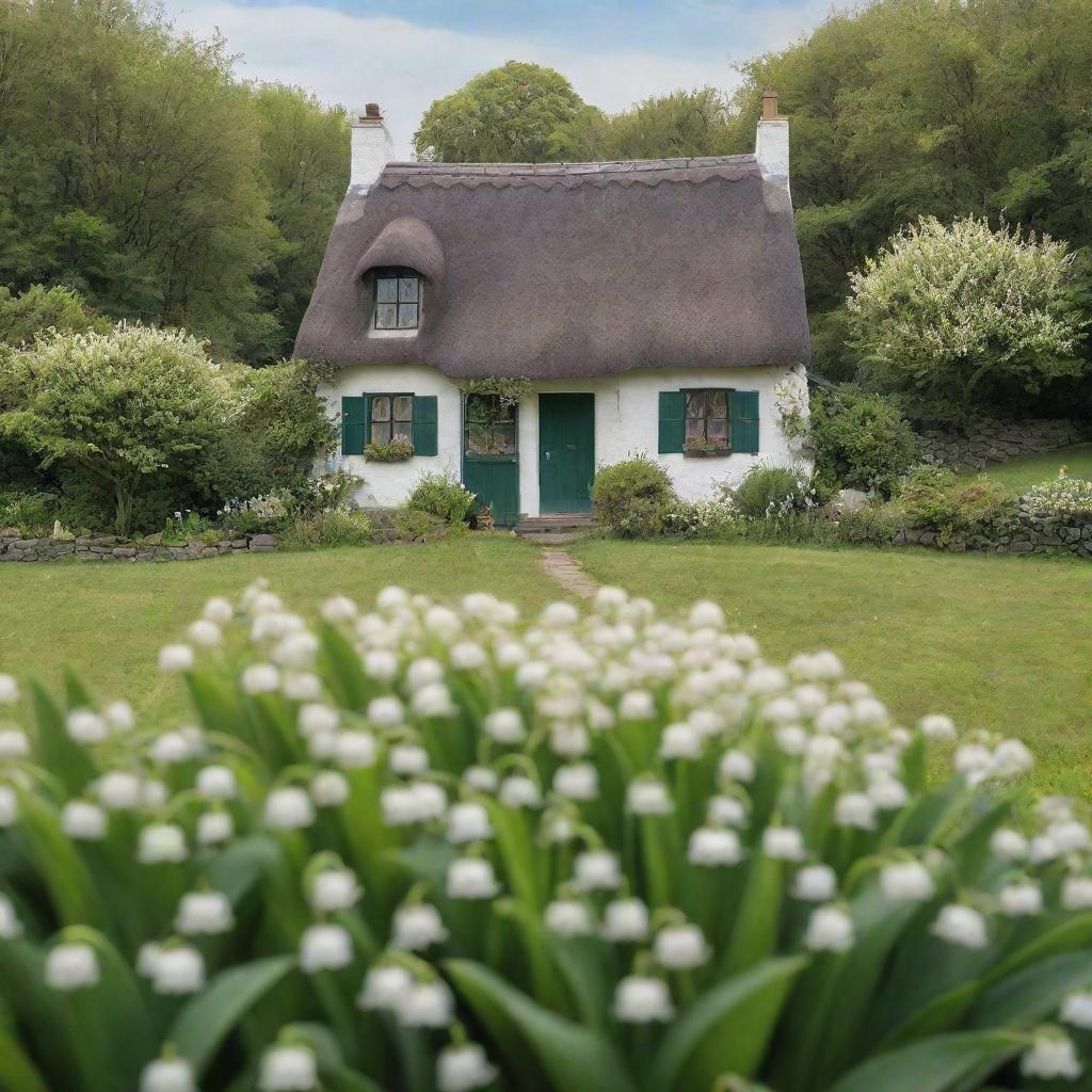 A quaint cottage nestled amidst a lush green landscape, with lily of the valley flowers blooming in the foreground, for a charming book cover.