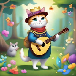 A whimsical cat dressed as a bard, playing a lute