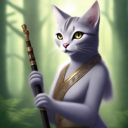 A gray tabaxi girl with feline features, holding a flute