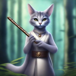 A gray tabaxi girl with feline features, holding a flute