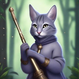 A gray tabaxi girl with feline features, holding a flute