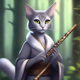 A gray tabaxi girl with feline features, holding a flute