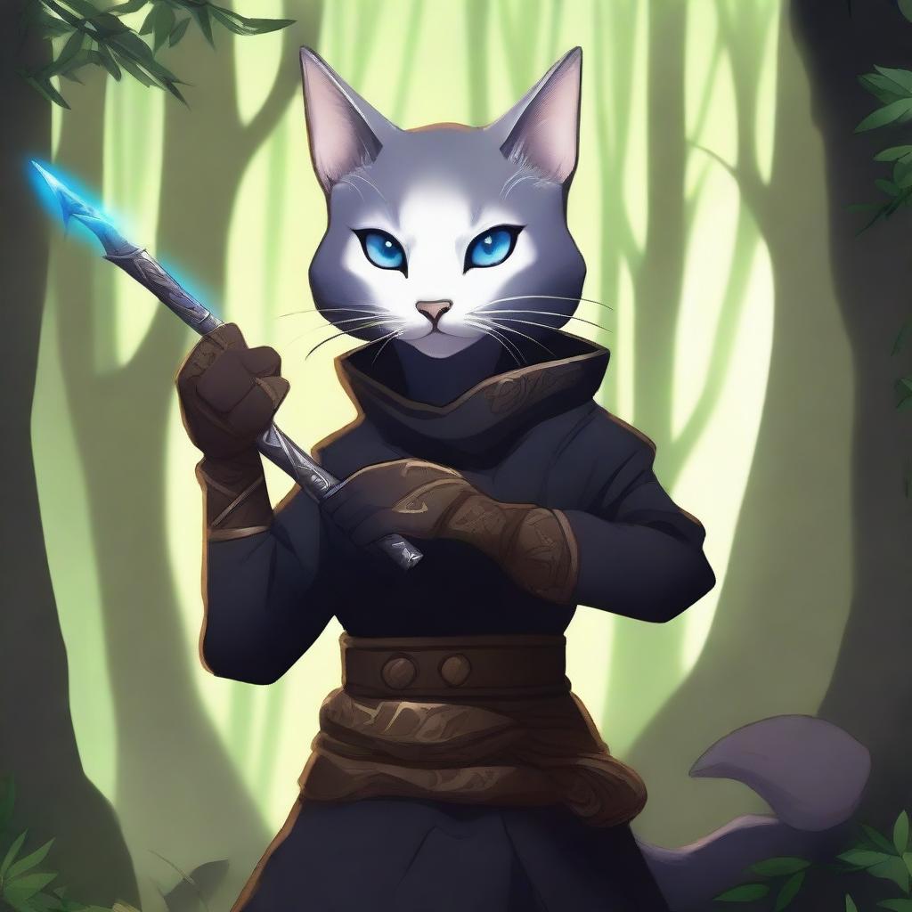 A gray blue-eyed Tabaxi girl holding a flute in a fighting stance, dressed in black clothes