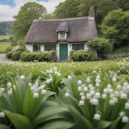 A quaint cottage nestled amidst a lush green landscape, with lily of the valley flowers blooming in the foreground, for a charming book cover.