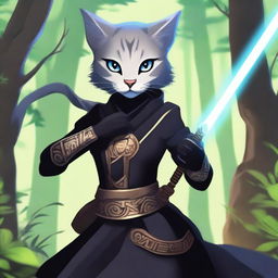 A gray blue-eyed Tabaxi girl holding a flute in a fighting stance, dressed in black clothes