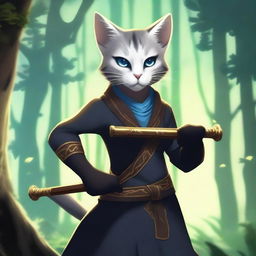 A gray blue-eyed Tabaxi girl holding a flute in a fighting stance, dressed in black clothes