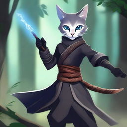 A gray blue-eyed Tabaxi girl holding a flute in a fighting stance, dressed in black clothes