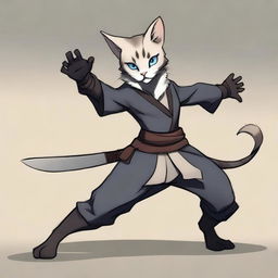 A gray, blue-eyed Tabaxi girl bard in black clothes, depicted in a dynamic fighting stance