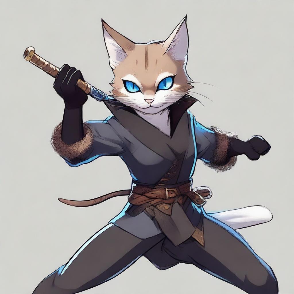 A gray, blue-eyed Tabaxi girl bard in black clothes, depicted in a dynamic fighting stance