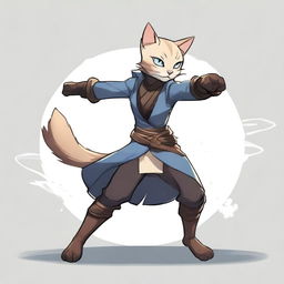 A gray, blue-eyed Tabaxi girl bard in black clothes, depicted in a dynamic fighting stance