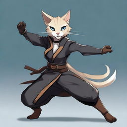 A gray, blue-eyed Tabaxi girl bard in black clothes, depicted in a dynamic fighting stance