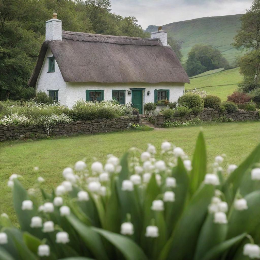 A quaint cottage nestled amidst a lush green landscape, with lily of the valley flowers blooming in the foreground, for a charming book cover.