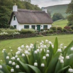 A quaint cottage nestled amidst a lush green landscape, with lily of the valley flowers blooming in the foreground, for a charming book cover.