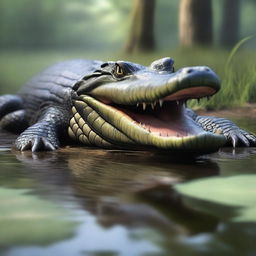 A detailed and realistic image of an alligator in its natural habitat, showcasing its rough skin, sharp teeth, and powerful presence