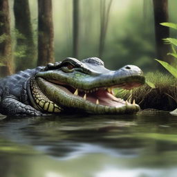 A detailed and realistic image of an alligator in its natural habitat, showcasing its rough skin, sharp teeth, and powerful presence