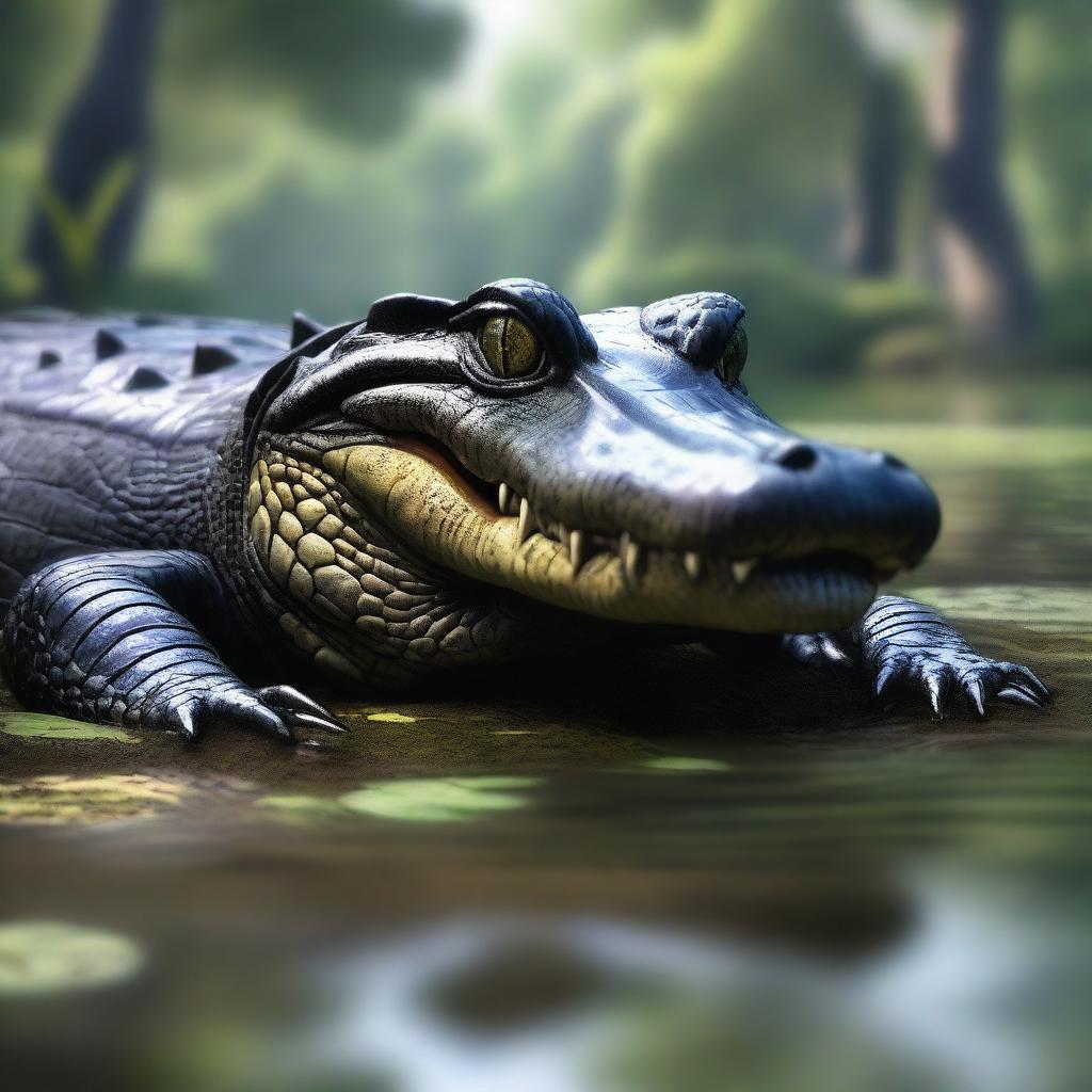 A detailed and realistic image of an alligator in its natural habitat, showcasing its rough skin, sharp teeth, and powerful presence