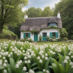 A quaint cottage nestled amidst a lush green landscape, with lily of the valley flowers blooming in the foreground, for a charming book cover.