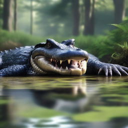 A detailed and realistic image of an alligator in its natural habitat, showcasing its rough skin, sharp teeth, and powerful presence