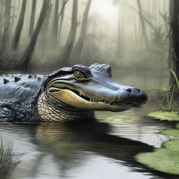 A detailed drawing of an alligator in its natural habitat