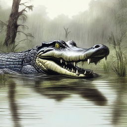 A detailed drawing of an alligator in its natural habitat