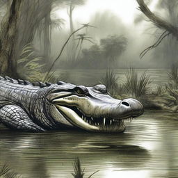 A detailed drawing of an alligator in its natural habitat