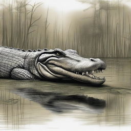 A detailed drawing of an alligator in its natural habitat