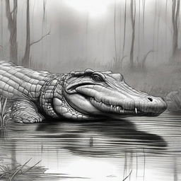 A detailed drawing of an alligator in its natural habitat