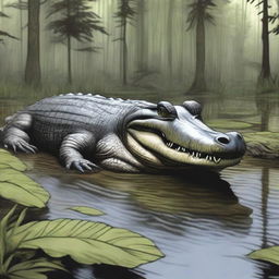 A detailed drawing of an alligator in its natural habitat