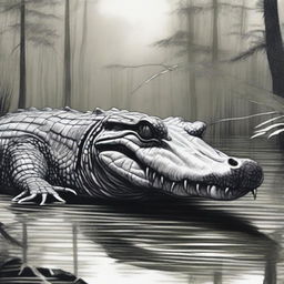 A detailed drawing of an alligator in its natural habitat