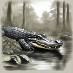 A detailed drawing of an alligator in its natural habitat