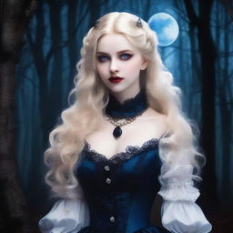 An incredibly beautiful blonde vampire girl with pale skin, piercing blue eyes, and elegant fangs
