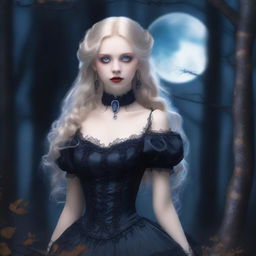 An incredibly beautiful blonde vampire girl with pale skin, piercing blue eyes, and elegant fangs