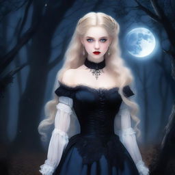 An incredibly beautiful blonde vampire girl with pale skin, piercing blue eyes, and elegant fangs