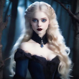 An incredibly beautiful blonde vampire girl with pale skin, piercing blue eyes, and elegant fangs