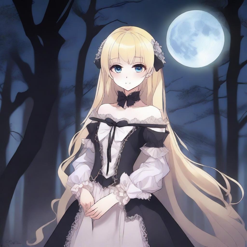 An incredibly beautiful blonde vampire anime girl with pale skin, large expressive eyes, and elegant fangs