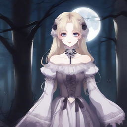 An incredibly beautiful blonde vampire anime girl with pale skin, large expressive eyes, and elegant fangs