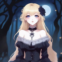 An incredibly beautiful blonde vampire anime girl with pale skin, large expressive eyes, and elegant fangs