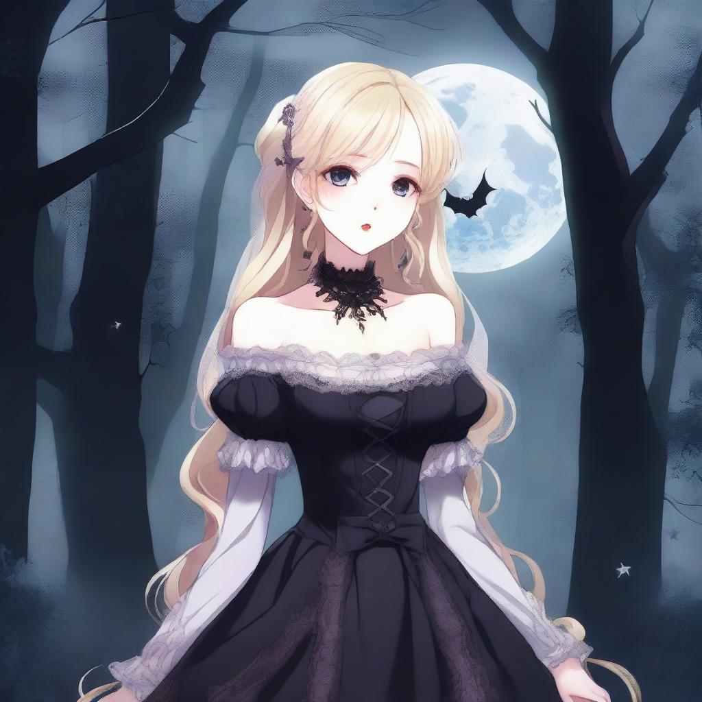 An incredibly beautiful blonde vampire anime girl with pale skin, large expressive eyes, and elegant fangs