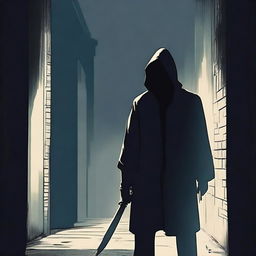 A menacing figure standing in a dark alley, holding a sharp knife