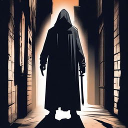 A menacing figure standing in a dark alley, holding a sharp knife