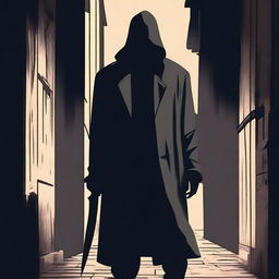 A menacing figure standing in a dark alley, holding a sharp knife