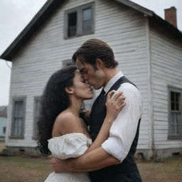 A girl with vitiligo kissing a tall, handsome man in front of an old house in a dramatic cinematic scene. The girl is holding a gun to the man's heart.